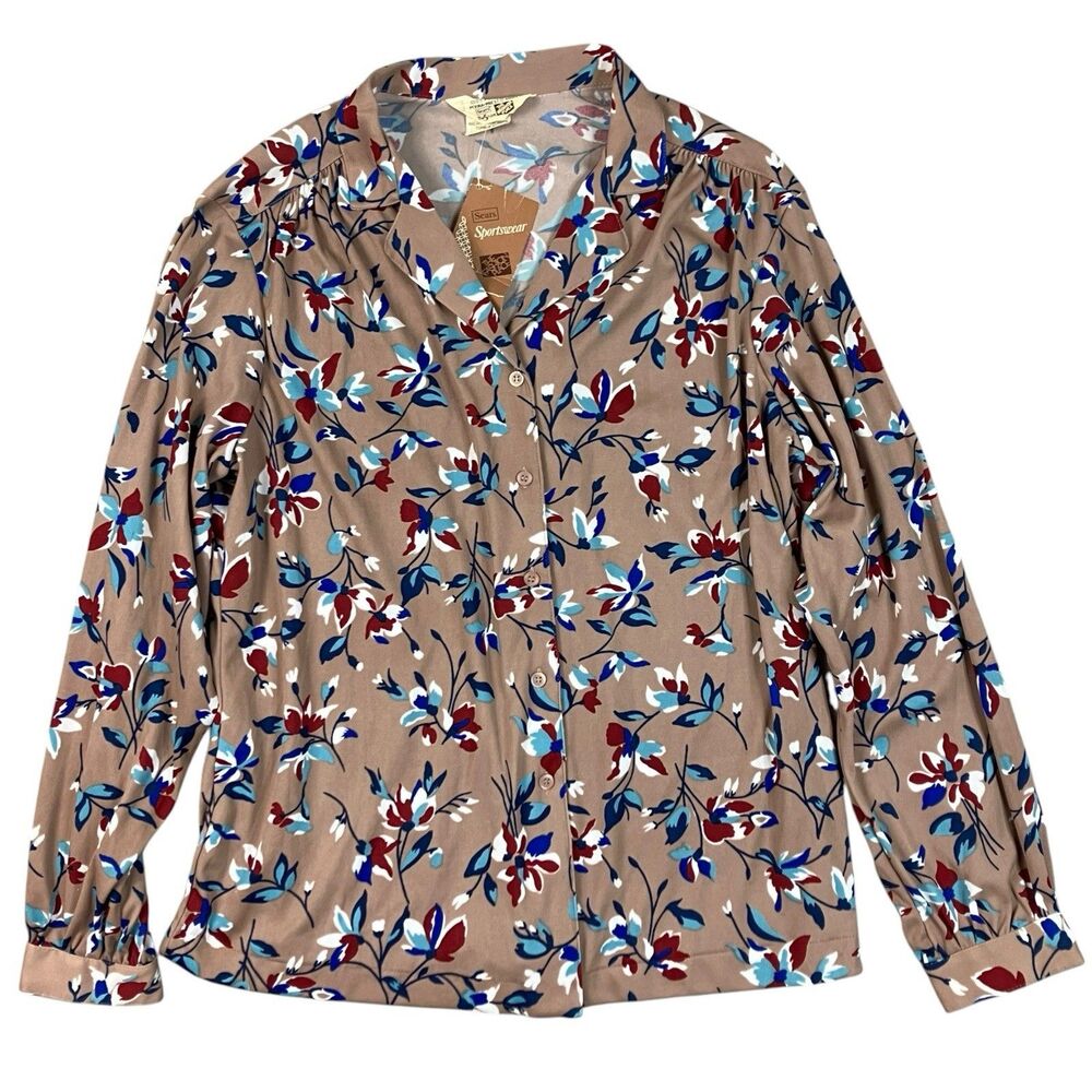 Vintage 70s Boho Floral Sears Button Up Shirt Womens 20 Brown Blouse Perma-Prest